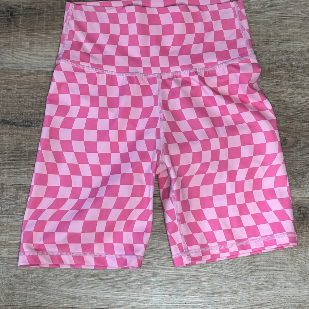 Will The Label Pink Checkered High Waisted Biker Shorts Size Small